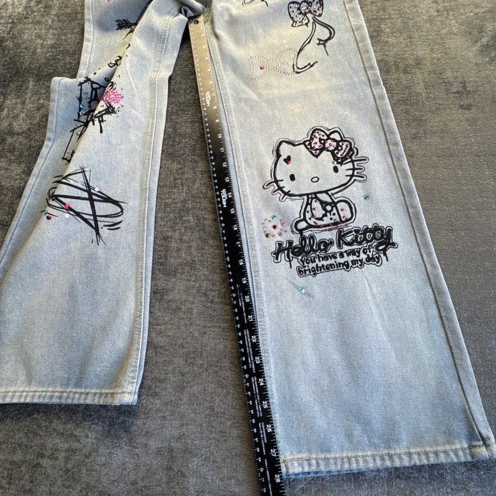 Vintage Hello Kitty Graffiti Rhinestone Wide Leg Jeans Womens 43 Blue Light Wash - Picture 6 of 11